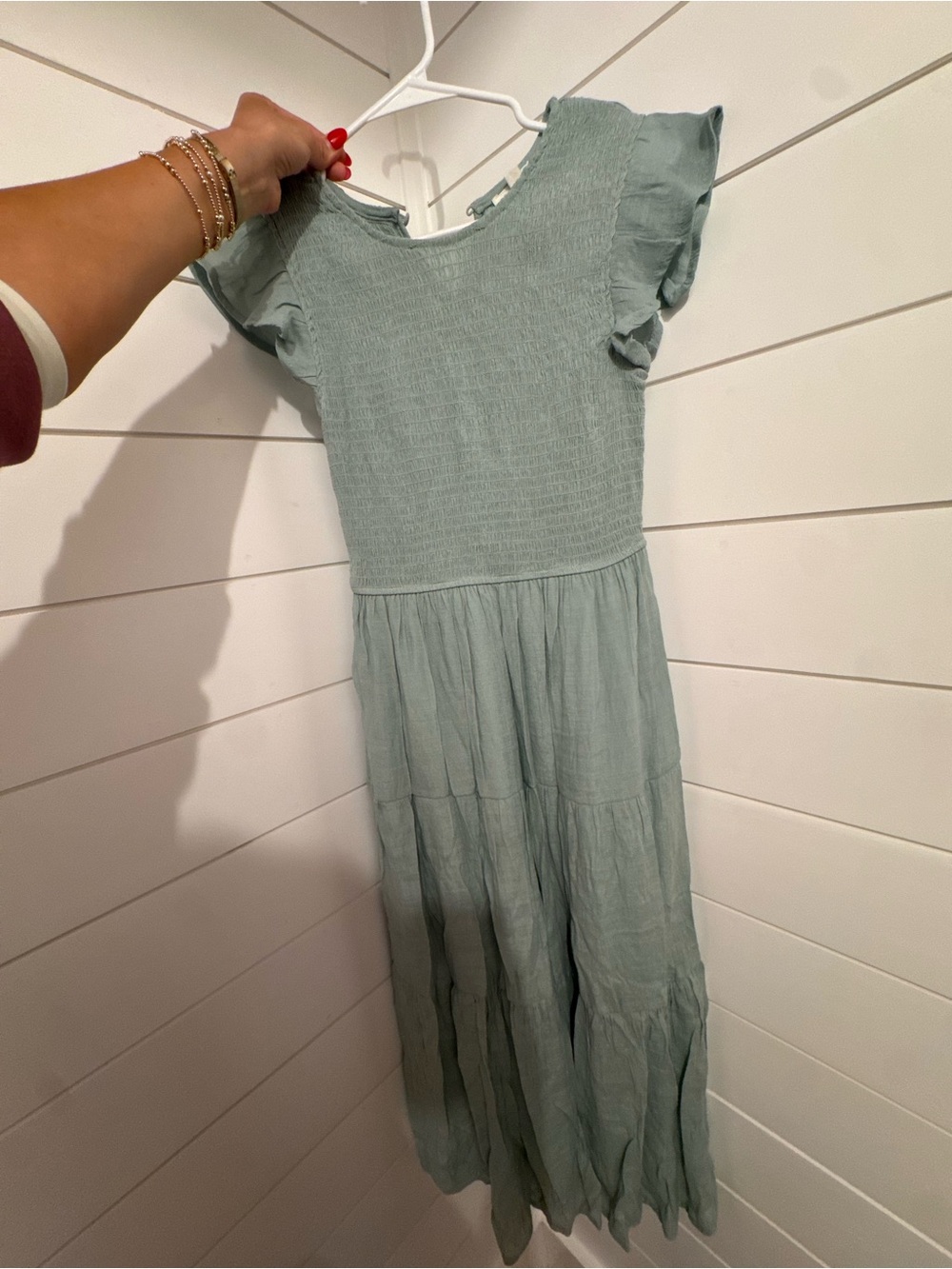 Girls Sage Green Flutter Sleeve Tiered Maxi Dress